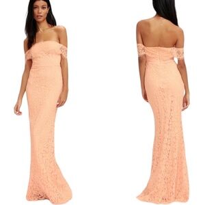 LN Lulu’s Romantic Heart Blush Pink Peach Lace Off The Shoulder Maxi Dress - S